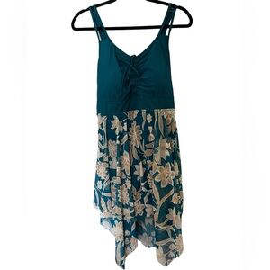 Bloomchic Teal Tan Floral Ruched Knot Asymmetrical Hem Swim Dress Size 18/20 2x